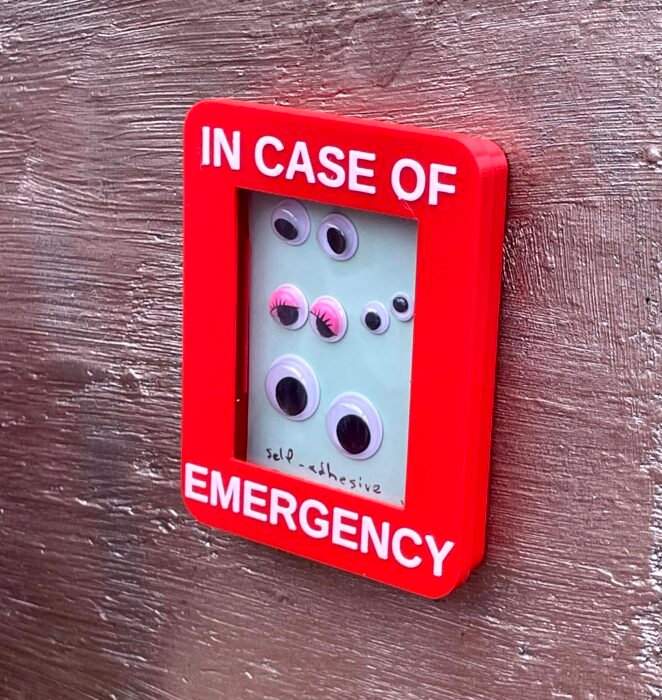 Red box labeled "In case of emergency", containing a card of googly eyes.