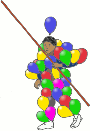 Pole-vaulter festooned with balloons