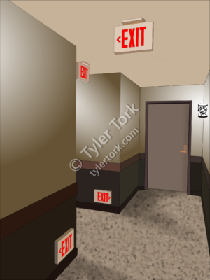 Hotel hallway has way too many exit signs which don't all agree.