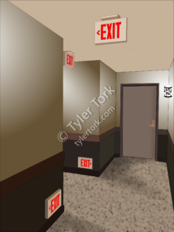 Exit Hotel hallway has way too many exit signs which don't all agree.