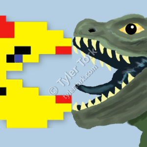 Ms Pac-Man and Godzilla are face to face, jaws gaping