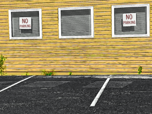 Empty parking lot with No Parking signs