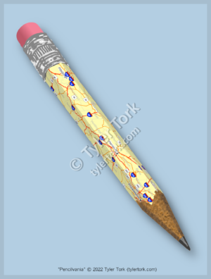 A pencil stub has a road map of Pennsylvania printed on its sides