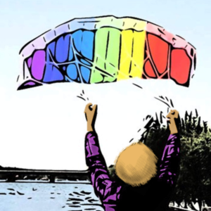 Someone flying a rainbow kite