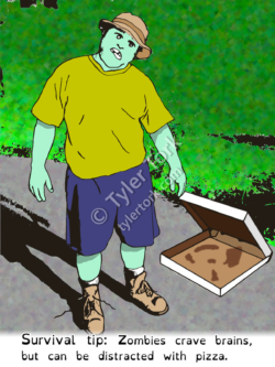 Zombie Tip #1 Zombie standing next to empty pizza box