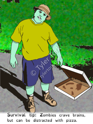 Zombie standing next to empty pizza box
