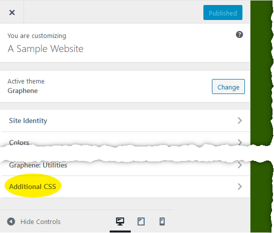 SHows location of Additional CSS in Customize