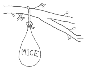 Hanging sack labeled "Mice"