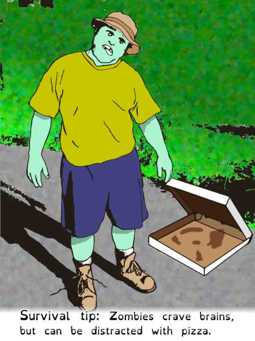 Picture of zombie and empty pizza box with caption, "Survival tip: Zopbies crave brains, but can be distracted with pizza."